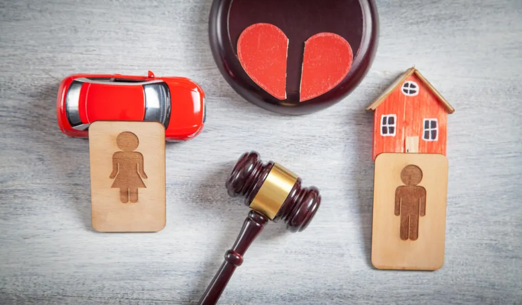 Figuras de mujer y hombre junto a un auto, una casa, un corazón partido y el mazo de un juez